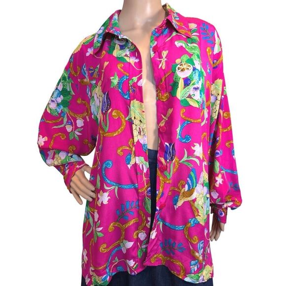 VTG Diane Von Furstenberg XL 100% Silk Button Up Blouse Floral Tropical Resort - Picture 10 of 16